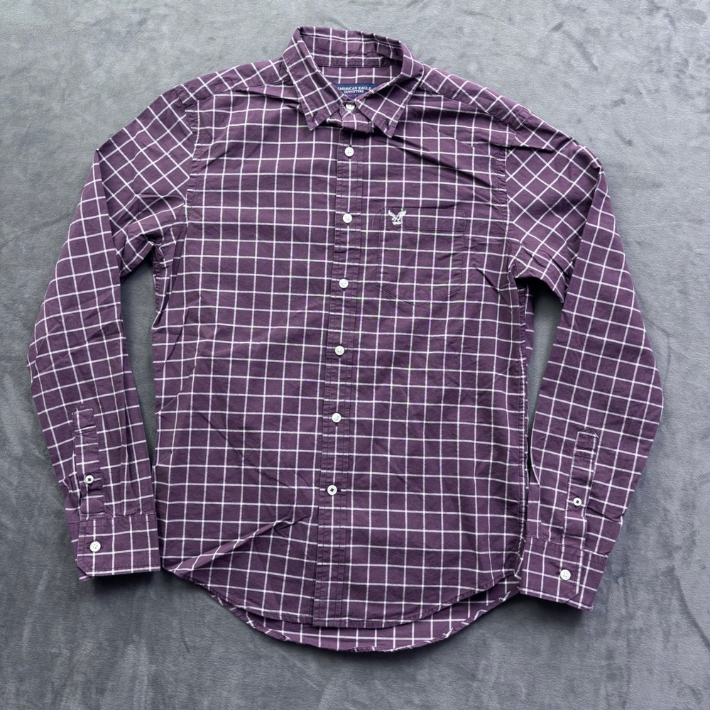American Eagle Mens Athletic Fit Windowpane Check Button Down Shirt Purple XS